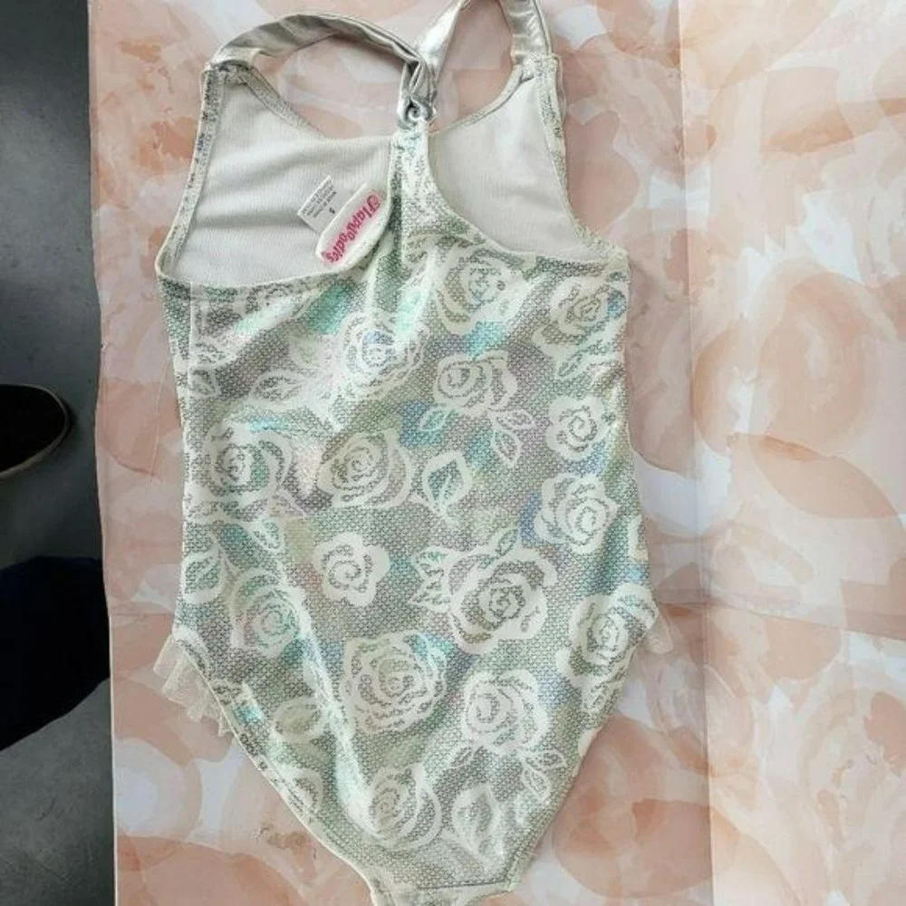 Flapdoodles Girl’s Size‎ 5 Floral metallic silver one piece Swimsuit
